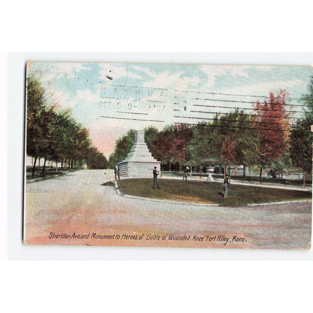 Antique 1907 Fort Riley Kansas Sheridan Ave Wounded Knee Monument Postcard VG